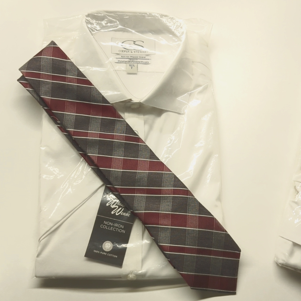 Cooper & Stewart SS white tall mens 16.5 cotton pinpoint oxford shirt NEW w tie